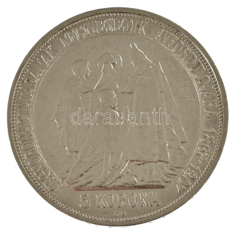 1907KB 5K Ag "Ferenc József megkoronázásának 40. évfordulója" T:VF / Hungary 1907KB 5 Korona Ag "40th Anniversary of the Coronation of Franz Joseph" C:VF Adamo K7.1 - Image 2