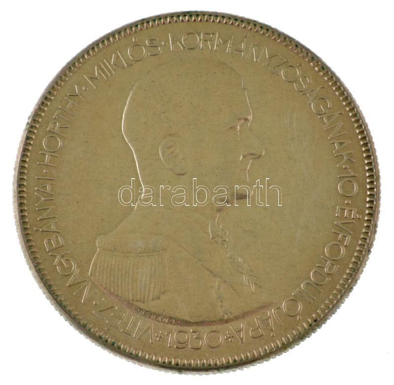 1930. 5P Ag "Horthy jobbra" hajas T:AU / Hungary 1930. 5 Pengő Ag "Horthy portrait to the right" with visible hair C:AU Adamo P8
