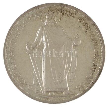 1938. 5P Ag "Álló Szent István" U.P. jelzéssel a címer fölött, Artex-veret, nem saját tokban (25,33g) T:AU patina / Hungary 1938. 5 Pengő "Standing St. Stephen" Artex restrike with U.P. mark above Coat of Arms, in not own ase (25,33g) C:AU patina Adamo