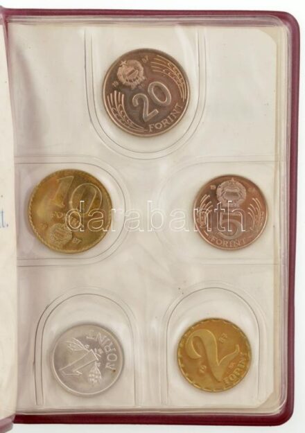 1987. 2f-20Ft (10xklf) forgalmi sor, "Magyar Népköztársaság - forgalmi érméi" feliratú csokoládébarna műbőrtokban, belső oldalon a Magyar Nemzeti Bank tájékoztató helyett "Kereskedelmi Bank" T:UNC Hungary 1987. 2 Fillér - 20 Forint (10xdiff) coin set in c