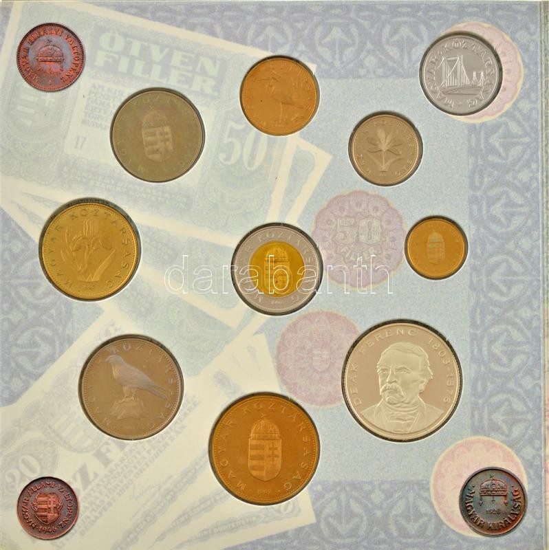 1997. 50f-200Ft (10xklf) "Magyarország pénzérméi" forgalmi sor dísztokban . A belső tokon a ragasztás részben elengedett. T:PP kis patina / Hungary 1997. 50 Fillér - 200 Forint (10xdiff) "Magyarország pénzérméi (Coins of Hungary)" coin set in case. The gl - Image 2