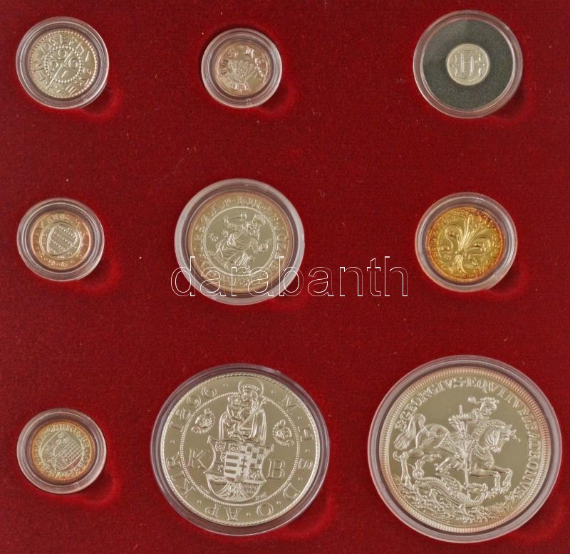 2013. "Mesterdarabok ezüstből 1896 Millennium" 9db-os szett, mind jelzett utánveret, tanúsítvánnyal, dísztokban, benne: "Szent István dénár", "III. Béla bracteata", "Imre dénár", "II. András dénár", "I. Károly garas", "I. Károly aranyforint", "I. Mátyás d