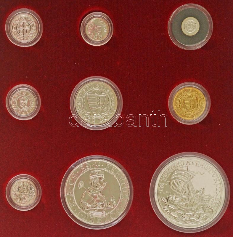 2013. "Mesterdarabok ezüstből 1896 Millennium" 9db-os szett, mind jelzett utánveret, tanúsítvánnyal, dísztokban, benne: "Szent István dénár", "III. Béla bracteata", "Imre dénár", "II. András dénár", "I. Károly garas", "I. Károly aranyforint", "I. Mátyás d - Image 2