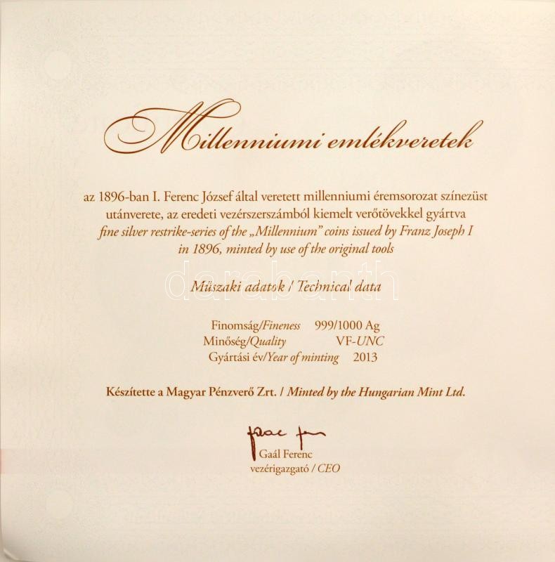 2013. "Mesterdarabok ezüstből 1896 Millennium" 9db-os szett, mind jelzett utánveret, tanúsítvánnyal, dísztokban, benne: "Szent István dénár", "III. Béla bracteata", "Imre dénár", "II. András dénár", "I. Károly garas", "I. Károly aranyforint", "I. Mátyás d - Image 4
