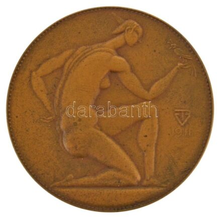 Fémes Beck Vilmos (1885-1918) 1911. "Női akt madárral" bronz plakett, Éremkedvelők Egyesületének tagsági érme, peremén "ÉKE 1911", sorszámozott, "80"-as sorszámmal (53mm) T:AU / Hungary 1911. "Női akt madárral" bronze plaque, membership medal of the Assoc