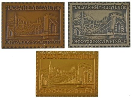 Iván István (1905-1968) 1964. "Magyar Bélyeggyűjtők Országos Szövetsége / IMEX Nemzetközi Motívum és Olimpiai Bélyegkiállítás" arany, ezüst és bronz fokozata, az arany és ezüst jelzett Ag, a bronz fokozaton névre szóló gravírozás (arany: 90,91g/0.935/48,5