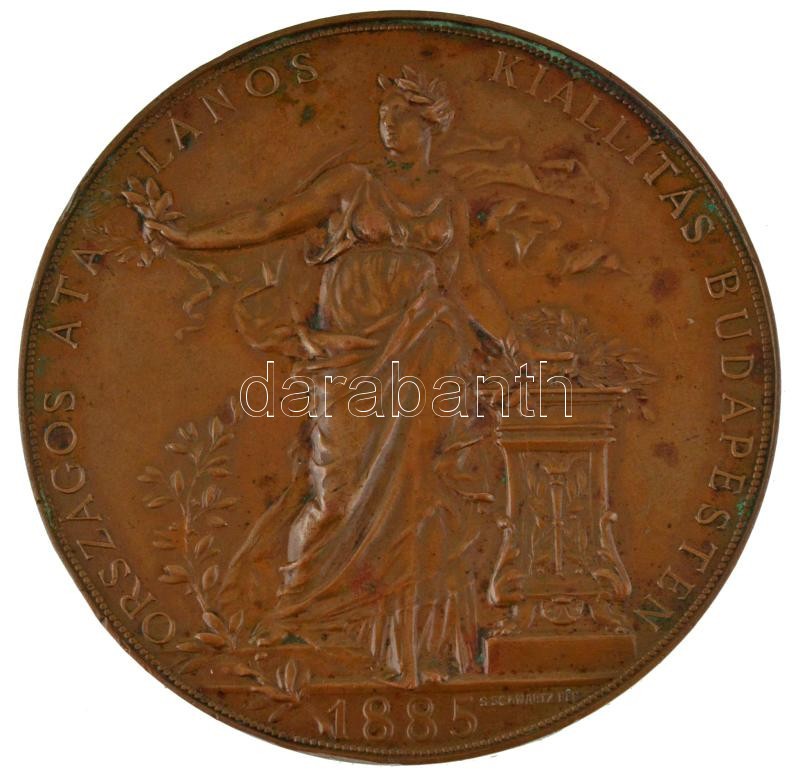 Schwartz István (1851-1924) 1885. "Országos Általános Kiállítás Budapesten 1885 / Vörösmarty Józsefnek Köveskálla - Az érdem jeléül" kétoldalas bronz emlékérem eredeti "Az 1885 évi Budapesti Országos kiállítás" feliratú kopott dísztokban (65mm) T:AU patin