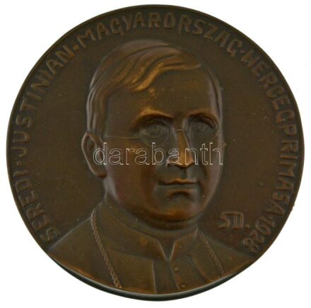 Seregély Dezső (1867-1948) 1928. "Serédi Justinián Magyarország Hercegprímása 1928" egyoldalas bronz lemezplakett (103mm) T:AU / Hungary 1928. "Serédi Justinián Magyarország Hercegprímása 1928" one-sided bronze sheet plaque (103mm) C:AU HP.: