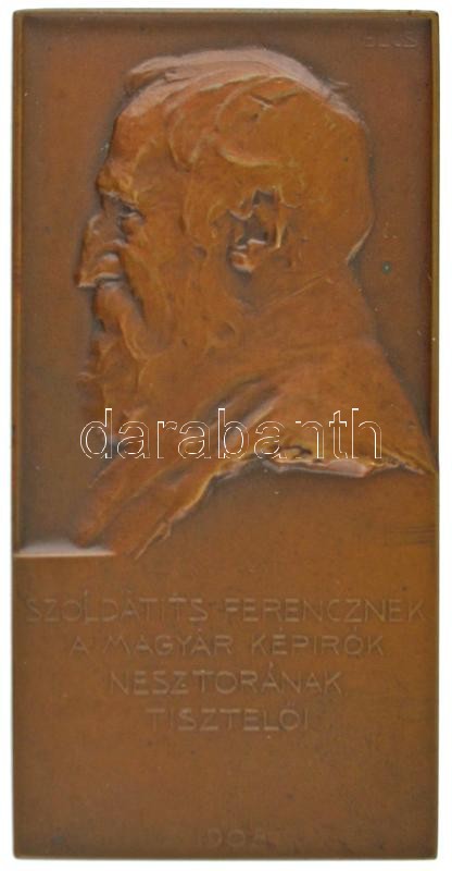 Telcs Ede (1872-1948) 1908. "Szoldatits Ferencznek a Magyar Képírók Nesztorának tisztelői" bronz emlékplakett az "ÉKE által tagjainak olcsón közvetített" sorozatból, hátoldalán két darab töltőtollal írt lajstromszám(?) (35x68mm) T:AU / Hungary 1908. "Homm