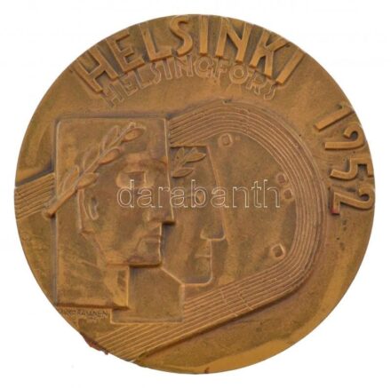 Finnország / Helsinki 1951. "XV. Olimpia / Helsinki 1952" kétoldalas bronz részvételi emlékérem. Szign.: Kauko Räsänen (53mm) T:1-,2 patina, szennyeződés / Finland / Helsinki 1951. "XV Olympic Games / Helsinki 1952" two-sided bronze participation medal. S