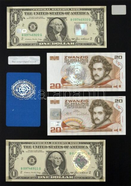 Amerikai Egyesült Államok 1985. 1$ (2x) "Federeal Reserve Note" kék pecsét, "Katherine Davalos Ortega - James Addison Baker" + Ausztria 1986. 20Sch (2x) mindegyik bankjegy hologramos felülbélyegzéssel, műanyag lapra ragasztva T:UNC,AU / USA 1985. 1 Dollar