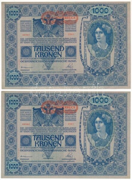 Ausztria 1919. (1902) 1000K (2x) 2. kiadás, sorszámkövetők "2561 66981 - 2561 66982" vízszintes "DEUTSCHÖSTERREICH" felülbélyegzéssel, hátlap rajzos T:UNC,AU / Austria 1919. (1902) 1000 Kronen (2x) 2nd issue, consecutive serials "2561 66981 - 2561 66982"