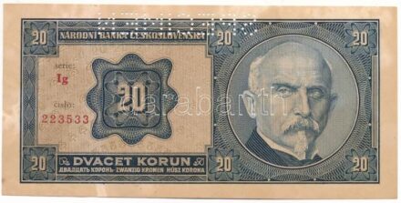 Csehszlovákia 1926. 20K "Ig 223533" "SPECIMEN" perforációval T:AU elszineződött papír / Czechoslovakia 1926. 20 Korun "Ig 223533" with "SPECIMEN" perforation C:AU but discolored paper Krause P#21