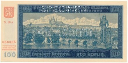 Német Harmadik Birodalom / Cseh-Morva Protektorátus 1940. 100K második kiadás, "SPECIMEN" perforációval, "S. 30 A 668365" T:AU / German Third Reich / Protectorate of Bohemia and Moravia 1940. 100 Korun second issue, with "SPECIMEN" perforation, "S. 30 A 6