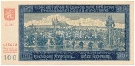 Német Harmadik Birodalom / Cseh-Morva Protektorátus 1940. 100K második kiadás, "S. 03 G 435623" T:AU / German Third Reich / Protectorate of Bohemia and Moravia 1940. 100 Korun second issue "S. 03 G 435623" C:AU Krause 7