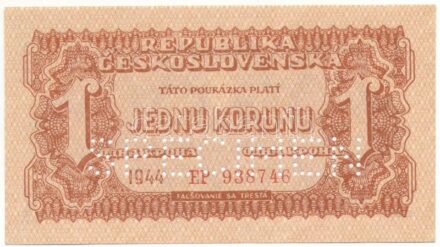 Csehszlovákia 1944. 1K "EP 938746", "SPECIMEN (MINTA)" perforációval T:UNC,AU / Czechoslovakia 1944. 1 Koruna "EP 938746", with "SPECIMEN" perforation C:UNC,AU Krause P#45s