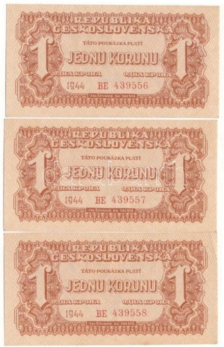 Csehszlovákia 1944. 1K (3x) sorszámkövetők "BE 439556 - BE 439558" T:AU,XF / Czechoslovakia 1944. 1 Koruna (3x) consecutive serials "BE 439556 - BE 439558" C:AU,XF Krause P#45