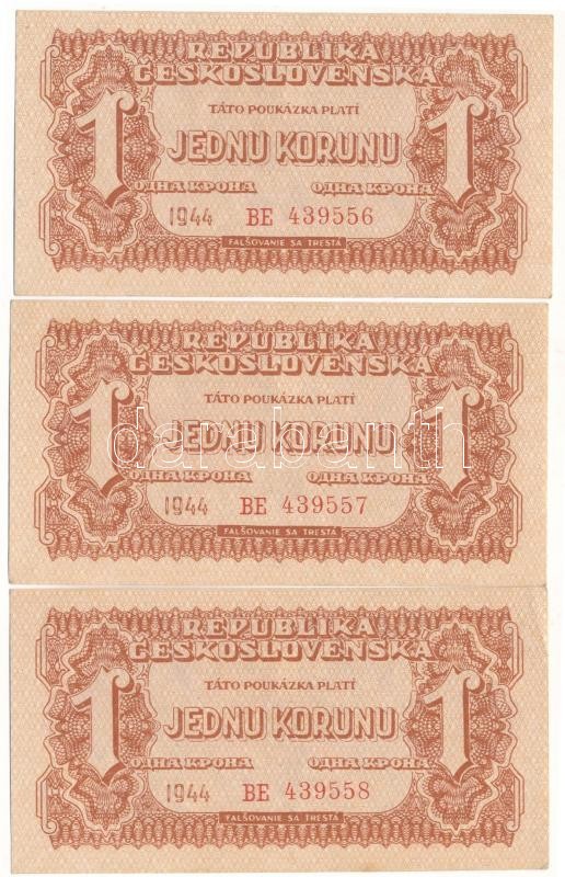 Csehszlovákia 1944. 1K (3x) sorszámkövetők "BE 439556 - BE 439558" T:AU,XF / Czechoslovakia 1944. 1 Koruna (3x) consecutive serials "BE 439556 - BE 439558" C:AU,XF Krause P#45