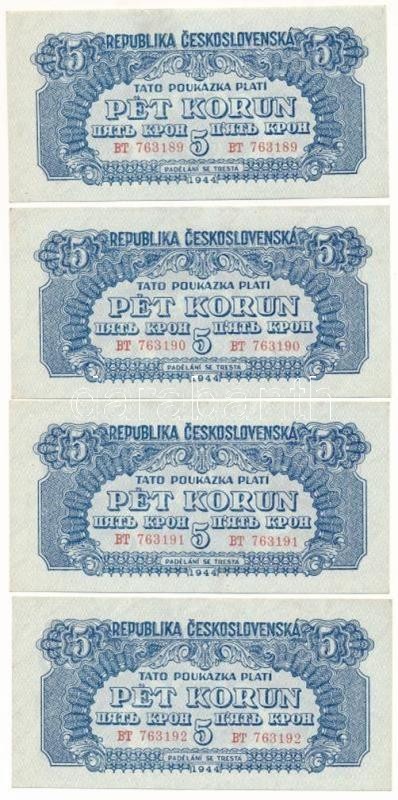 Csehszlovákia 1944. 5K (2x) sorszámkövetők "BT 763189 - BT 763195" T:F szép papír / Czechoslovakia 1944. 5 Korun (2x) consecutive serials "BT 763189 - BT 763195" C:F fine paper Krause P#46