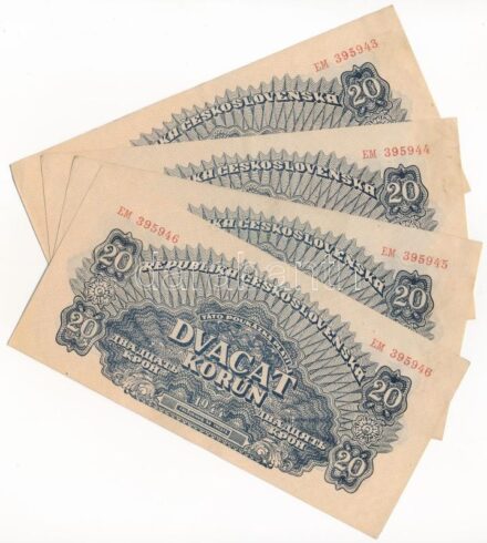 Csehszlovákia 1944. 20K (4x) sorszámkövetők "EM 395943 - EM 395946" T:XF / Czechoslovakia 1944. 20 Korun (4x) consecutive serials "EM 395943 - EM 395946" C:XF Krause P#47