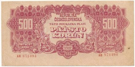 Csehszlovákia 1944. 500K "AH 871494" T:F / Czechoslovakia 1944. 500 Korun "AH 871494" C:F