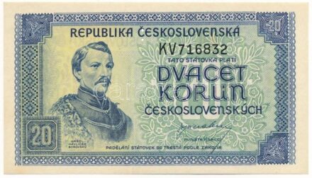 Csehszlovákia 1945. 20K három perforált lyuk, "KV716832" T:AU / Czechoslovakia 1945. 20 Korun perforated with 3 holes, "KV716832" C:AU Krause 61.s