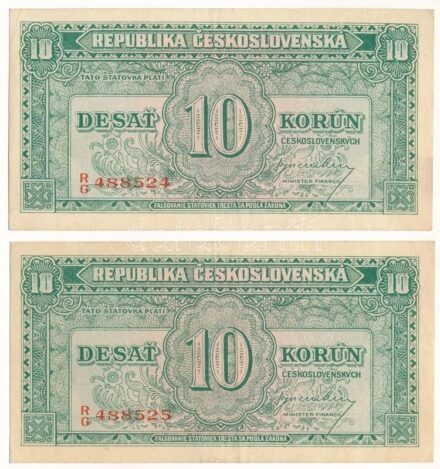 Csehszlovákia 1950. 10K (2x) sorszámkövetők "RG 488524 - RG 488525" T:F / Czechoslovakia 1950. 10 Korun (2x) consecutive serials "RG 488524 - RG 488525" C:F Krause 69.