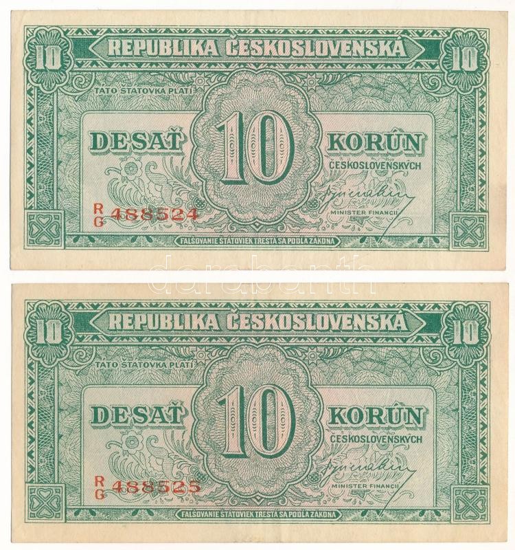 Csehszlovákia 1950. 10K (2x) sorszámkövetők "RG 488524 - RG 488525" T:F / Czechoslovakia 1950. 10 Korun (2x) consecutive serials "RG 488524 - RG 488525" C:F Krause 69.