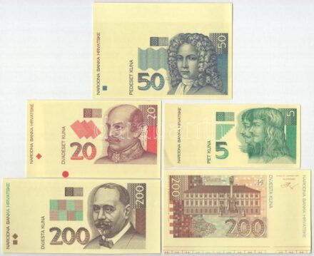 Horvátország 1993 (1994). 5K előlapi színpróba + 20K előlapi színpróba + 50K előlapi színpróba + 200K előlapi színpróba + 200K előlapi és hátlapi színpróba + 500K előlapi színpróba + 500K előlapi és hátlapi színpróba + 1000K előlapi színpróba + 1000K elől