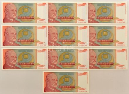 Jugoszlávia 1993. 500.000.000.000D (10x) pótkiadás "ZA", sorszámkövetők "ZA 0052761 - ZA 0052770" T:UNC / Yugoslavia 1993. 500.000.000.000 Dinara (10x) replacement notes "ZA", consecutive serials "ZA 0052761 - ZA 0052770" C:UNC Krause P#137
