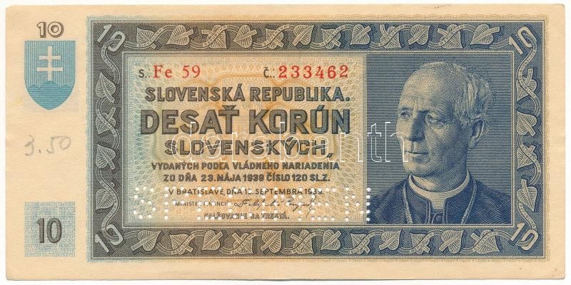 Szlovákia 1939. 10K "SPECIMEN" perforációval, "Fe 59 233462" T:AU / Slovakia 1939. 10 Korun with "SPECIMEN" perforation, "Fe 59 233462" C:AU Krause 4.s