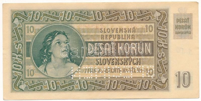 Szlovákia 1939. 10K "SPECIMEN" perforációval, "Fe 59 233462" T:AU / Slovakia 1939. 10 Korun with "SPECIMEN" perforation, "Fe 59 233462" C:AU Krause 4.s - Image 2