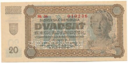 Szlovákia 1942. 20K "SPECIMEN (MINTA)" perforációval, "Sh 36 010236" T:AU / Slovakia 1942. 20 Korun with "SPECIMEN" perforation, "Sh 36 010236" C:AU Krause P#7