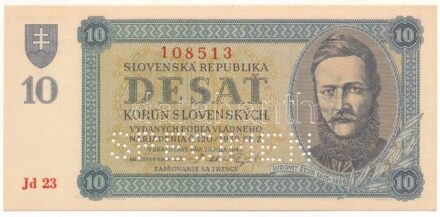 Szlovákia 1943. 10K "SPECIMEN" perforációval, "Jd 23 108513" T:UNC / Slovakia 1943. 10 Korun with "SPECIMEN" perforation, "Jd 23 108513" C:UNC Krause 6.s