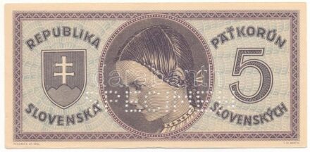 Szlovákia 1945. 5K "SPECIMEN" perforációval, "D 002" T:AU / Slovakia 1945. 5 Korun with "SPECIMEN" perforation, "D 002" C:AU Krause 5.s