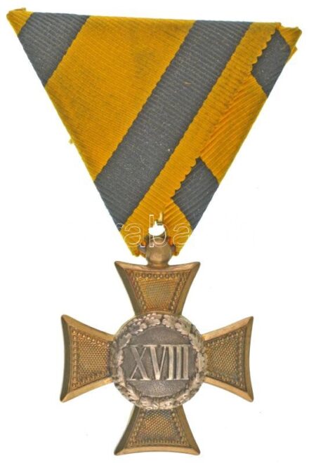 1867-1869. "Katonai Legénységi Szolgálati Jel II. osztálya" bronz kitüntetés mellszalaggal, az ezüstözött medalionban "XVIII" római számmal T:XF / Hungary 1867-1869. "Distinction for 18 Years of Military Service for the Soldiers, 2nd Class" bronze decorat