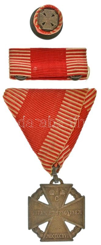 1916. "Károly-csapatkereszt" Zn kitüntetés mellszalagon, szalagsávval, rozettával, utóbbin "BS" beütéssel T:XF Hungary 1916. "Charles Troop Cross" Zn decoration with original ribbon, miniature ribbon and rosette, latter with "BS" mark C:XF NMK