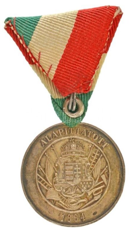 1884. "A Magyar Országos Tűzoltó Szövetség 15 éves Szolgálati Érme" jelzett Ag kitüntetés mellszalaggal T:XF patina / Hungary 1884. "Service medal for the Hungarian National Fireman's Alliance - 15 years" hallmarked Ag decoration on ribbon