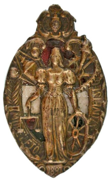 1897. "Művezetők Szövetsége" részben zománcozott gomblyukjelvény (32x19mm) T:XF / Hungary 1897. "Művezetők Szövetsége (Foreman's Alliance)" partially enamelled buttonhole badge (32x19mm) C:XF