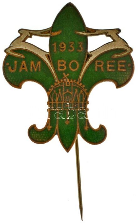 1933. "Jamboree" zöld-fehér zománcozott cserkész kitűző (37x32mm) T:XF kis zománchibák / Hungary 1933. "Jamboree" white-green enamelled Scouting badge with replaced pin (37x32mm) C:XF small enamel errors