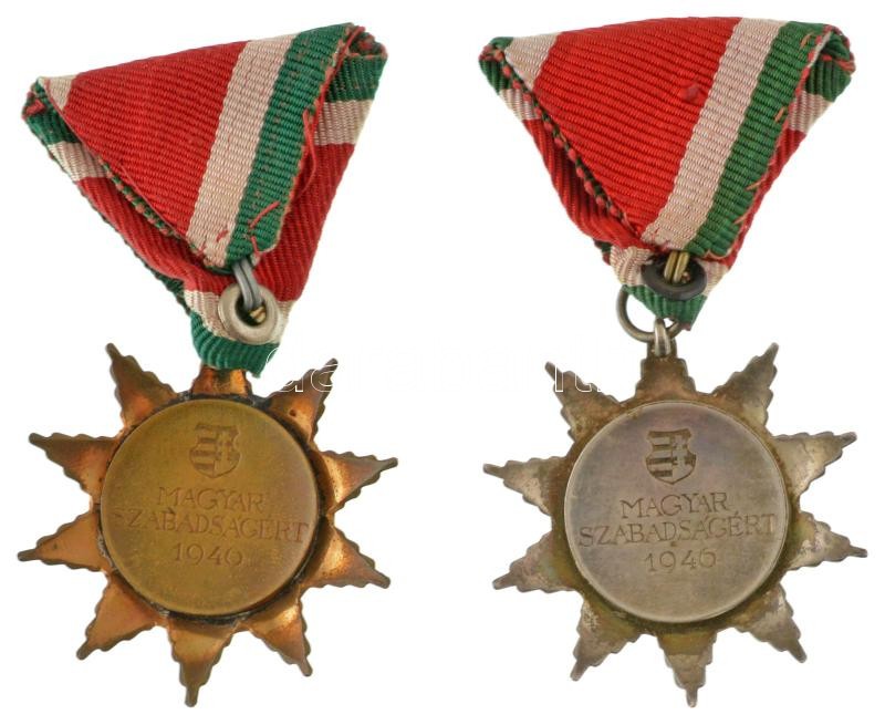 1947. "Magyar Szabadság Érdemrend" ezüst fokozata, részben zománcozott Ag kitüntetés mellszalagon + bronz fokozata részben zománcozott, patinázott bronz kitüntetés mellszalagon T:AU,XF / Hungary 1947. "Order of Merit of Hungarian Freedom, Silver Grade" pa - Image 2