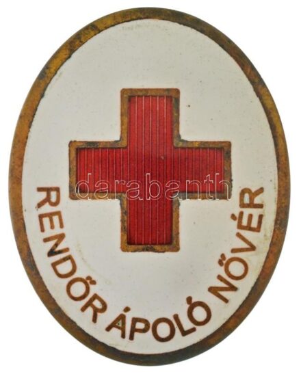 ~1947. "Rendőr ápoló nővér" zománcozott bronz jelvény, hátoldalon "Morzsányi J. Budapest Eskü út 5." gyártói jelzéssel (49x39mm) T:AU / Hungary ~1947. "Rendőr ápoló nővér (Police Nurse)" enamelled bronze badge with "Morzsányi J. Budapest Eskü út 5." maker