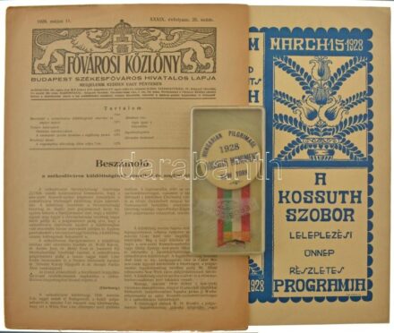 Amerikai Egyesült Államok 1928. "Hungarian Pilgrimage - Kossuth Monument 1928 New York (Magyar Zarándoklat - Kossuth-emlékmű)" műanyag kitűző magyar és amerikai trikolor szalagokkal, tokban (56mm) + "A Kossuth-szobor - Leleplezési ünnep részletes programj