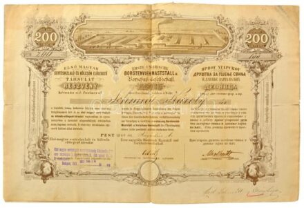 Pest 1871. "Első Magyar Sertéshizlaló és Kölcsön Előlegező Társulat" részvénye 200Ft-ról szárazpecséttel, bélyegzésekkel, szelvényekkel, lyukasztásokkal T:F tűlyukak, beszakadások / Hungary / Pest 1871. "Első Magyar Sertéshizlaló és Kölcsön Előlegező Társ