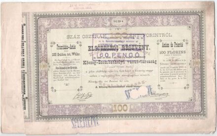 Kőszeg 1883. "Kőszeg-Szombathelyi vasút-társaság" részvénye 100Ft-ról, szelvényekkel, felülbélyegzéssel, lyukasztással érvénytelenítve T:F szakadás / Hungary / Kőszeg 1883. "Kőszeg-Szombathelyi vasút-társaság" share about 100 Forint with coupons, overprin