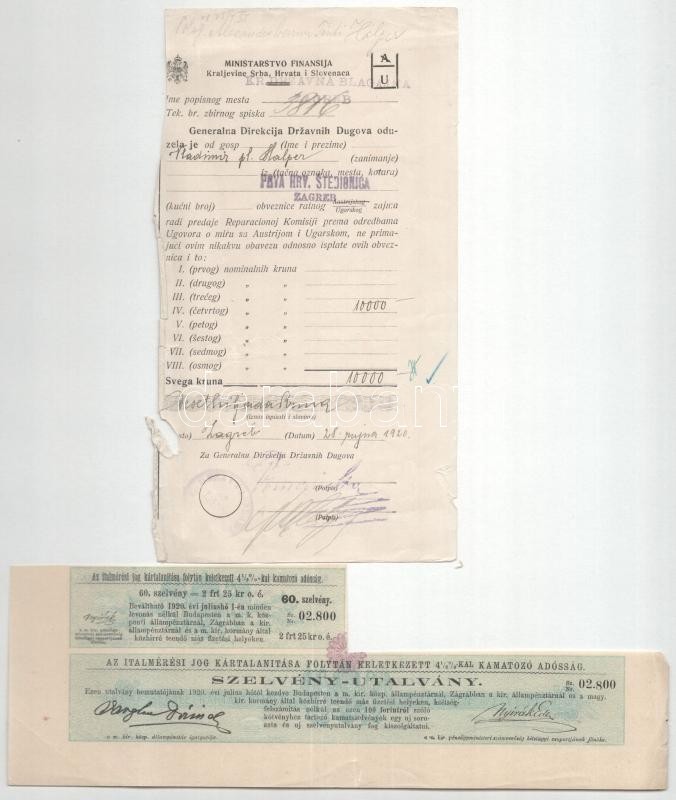 Budapest 1890. "Italmérési jog kártalanítására kibocsátott 4 1/2%-al kamatozó adómentes kötvény" kötvény 100Ft-ról, szárazpecséttel, 1db szelvénnyel, horvát nyelvű számlával T:F kis beszakadás, fo. / Hungary / Budapest 1890. "Tax-free bond with interest a - Image 2