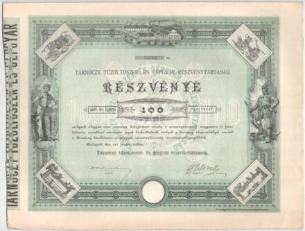 Budapest 1891. "Tarnóczy Tűzoltószer- és Gépgyár Részvénytársaság" részvénye 100Ft-ról, szárazpecséttel és szelvényekkel, tintás aláírással T:AU / Hungary / Budapest 1891. "Tarnóczy Fire Extinguisher and Machine Factory Share Company" share about 100 Fori