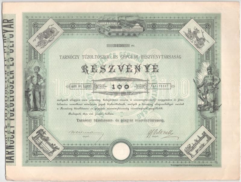 Budapest 1891. "Tarnóczy Tűzoltószer- és Gépgyár Részvénytársaság" részvénye 100Ft-ról, szárazpecséttel és szelvényekkel, tintás aláírással T:AU / Hungary / Budapest 1891. "Tarnóczy Fire Extinguisher and Machine Factory Share Company" share about 100 Fori