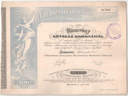 Budapest 1894. "A Budapesti Általános Villamossági Részvénytársaság" részvénye 200K-ról, magyar és német nyelven, bélyegzéssel, szárazpecséttel T:F kis szakadás / Hungary / Budapest 1894. "A Budapesti Általános Villamossági Részvénytársaság" share about 2