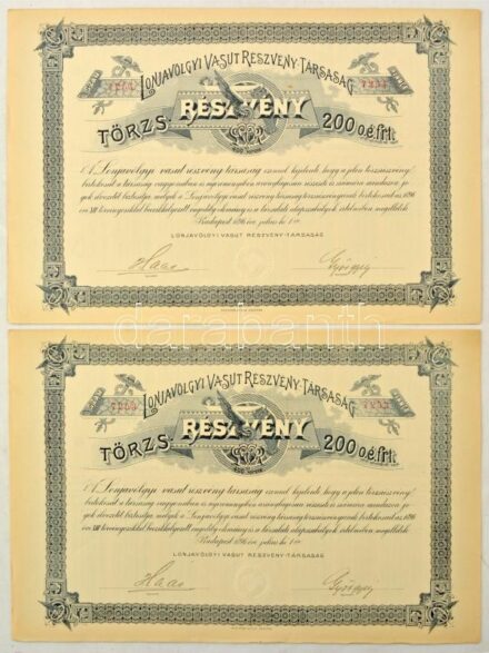 Budapest 1896. "Lonjavölgyi Vasut Részvény-Társaság" törzsrészvénye 200Ft-ról (2x) sorszámkövetők "7353-7354", teljes szelvényutalványokkal, szárazpecséttel T:AU / Hungary / Budapest 1896. "Railway Share Company of the Lonja Valley" common stock about 200